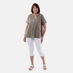 TAMSY Short Sleeve Shirt with Half Placket and Stand Collar (Size L,16-18) - Olive