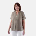 TAMSY Short Sleeve Shirt with Half Placket and Stand Collar (Size XL,20-22) - Olive
