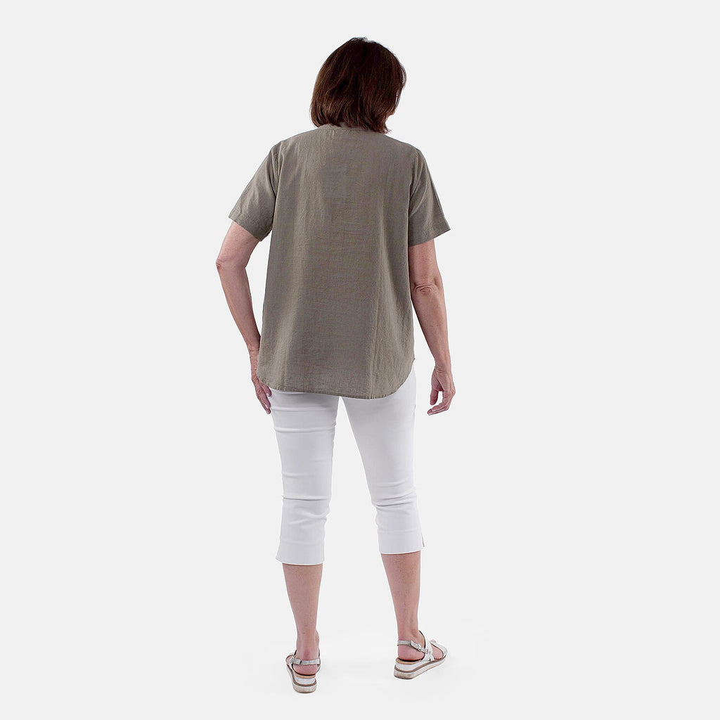 TAMSY Short Sleeve Shirt with Half Placket and Stand Collar (Size XL,20-22) - Olive
