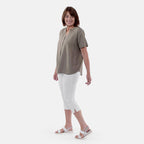 TAMSY Short Sleeve Shirt with Half Placket and Stand Collar (Size XL,20-22) - Olive