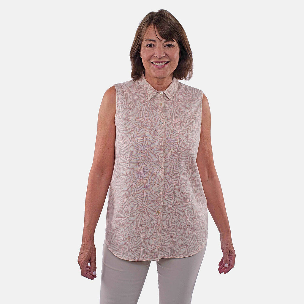TAMSY Sleeveless Button Through Leaf Print Shirt (Size 10) - Beige