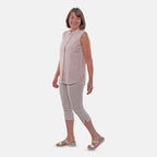 TAMSY Sleeveless Button Through Leaf Print Shirt (Size 10) - Beige
