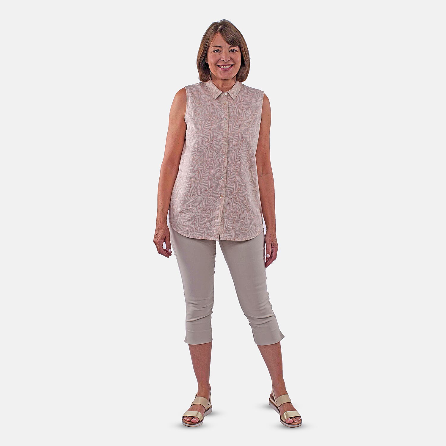 TAMSY Sleeveless Button Through Leaf Print Shirt (Size 10) - Beige