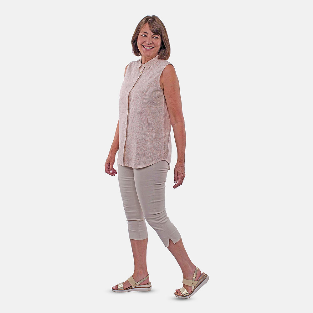 TAMSY Sleeveless Button Through Leaf Print Shirt (Size 18) - Beige
