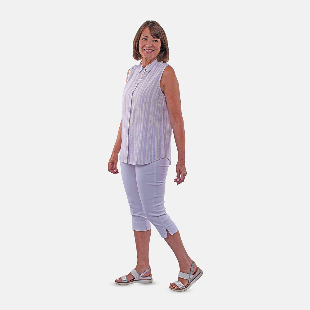 TAMSY Sleeveless Button Through Stripe Pattern Shirt (Size 12) - Purple
