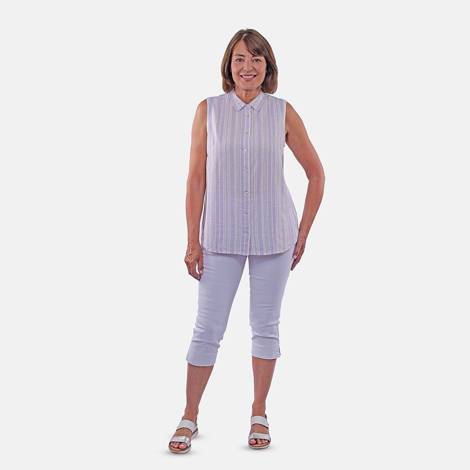 TAMSY Sleeveless Button Through Stripe Pattern Shirt (Size 16) - Purple