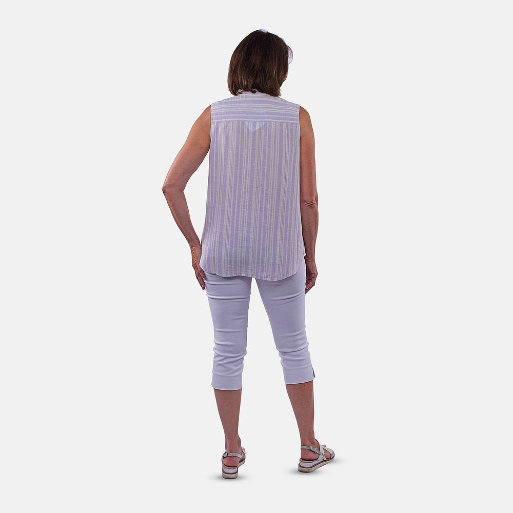 TAMSY Sleeveless Button Through Stripe Pattern Shirt (Size 16) - Purple