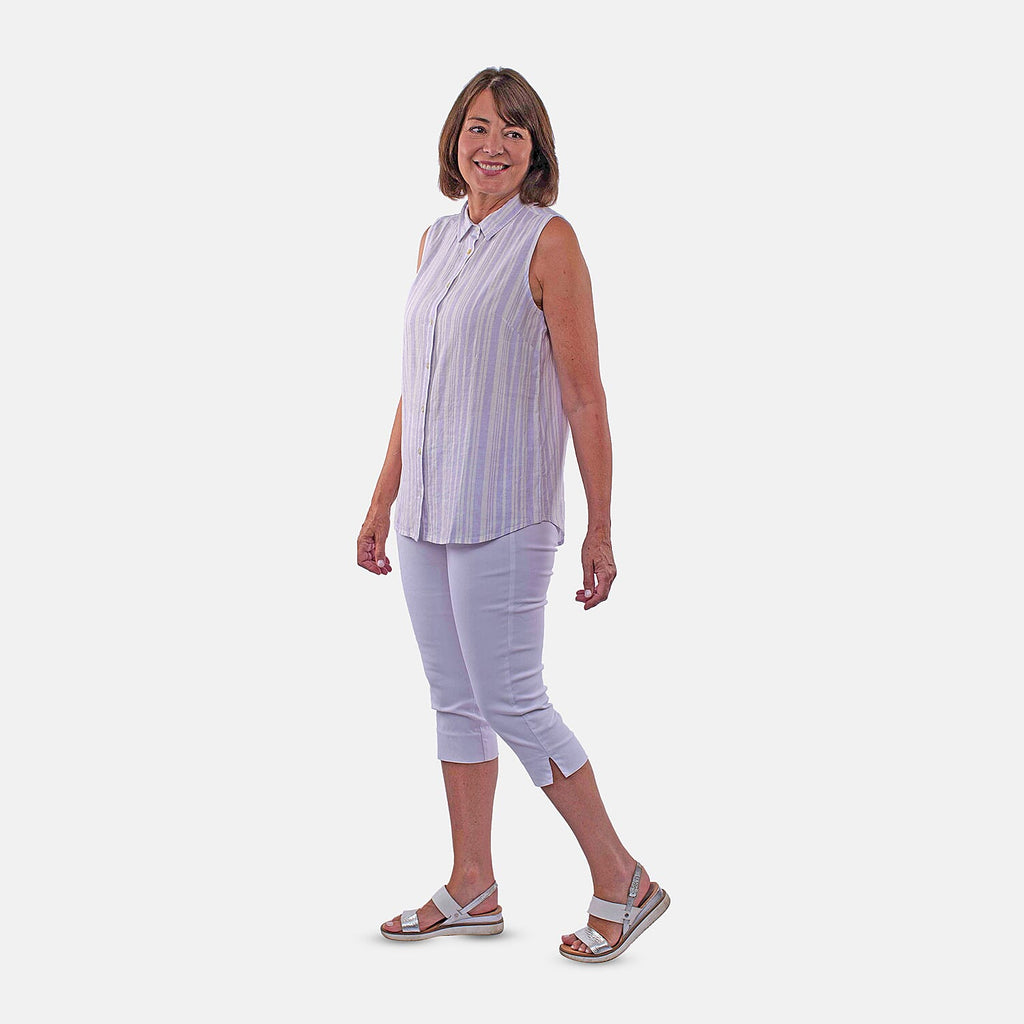 TAMSY Sleeveless Button Through Stripe Pattern Shirt (Size 16) - Purple