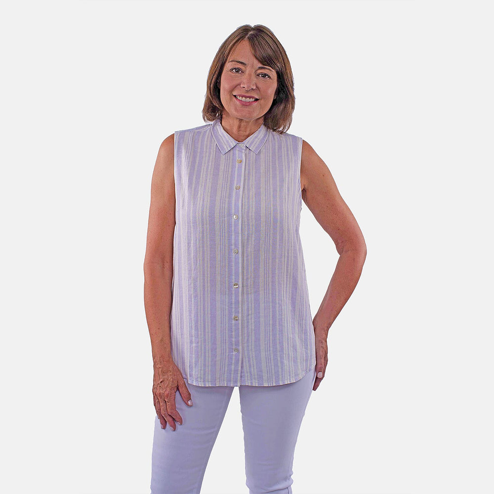 TAMSY Sleeveless Button Through Stripe Pattern Shirt (Size 16) - Purple