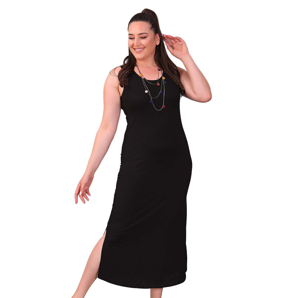 TAMSY Viscose Jersey Dress with Side Slit (Size L,16-18) - Black