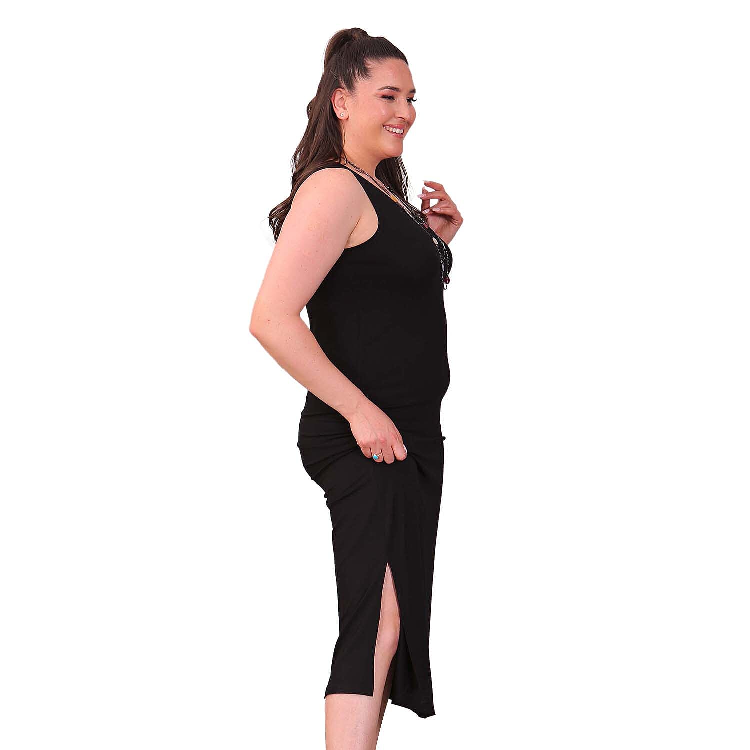 TAMSY Viscose Jersey Dress with Side Slit (Size L,16-18) - Black