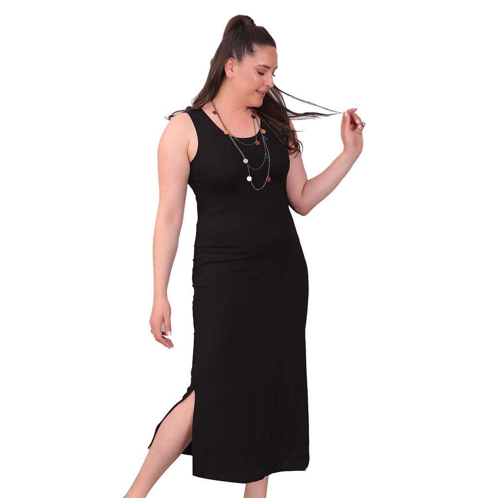 TAMSY Viscose Jersey Dress with Side Slit (Size L,16-18) - Black