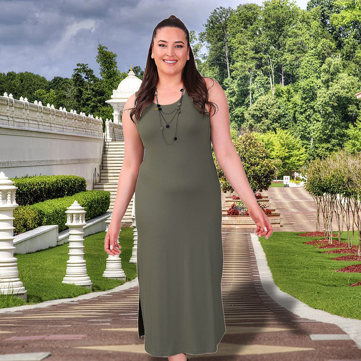TAMSY Viscose Jersey Dress with Side Slit (Size S,8-10) - Khaki