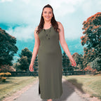TAMSY Viscose Jersey Dress with Side Slit (Size S,8-10) - Khaki