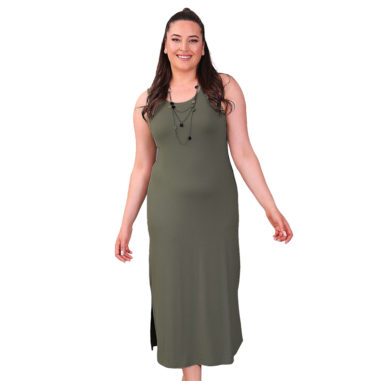 TAMSY Viscose Jersey Dress with Side Slit (Size XXL,24-26) - Khaki