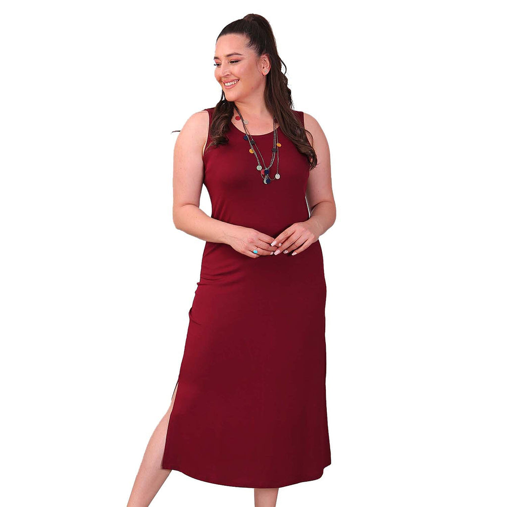 TAMSY Viscose Jersey Dress with Side Slit (Size XL,20-22) - Wine Red