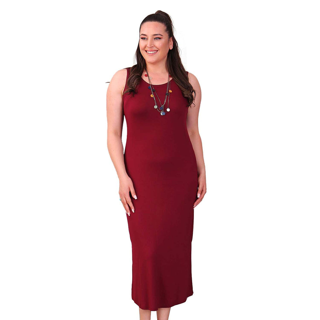 TAMSY Viscose Jersey Dress with Side Slit (Size XL,20-22) - Wine Red