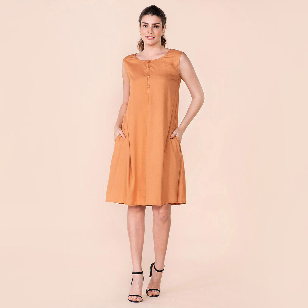 TAMSY 100% Viscose Plain Sleeveless Dress (Size 8) - Orange