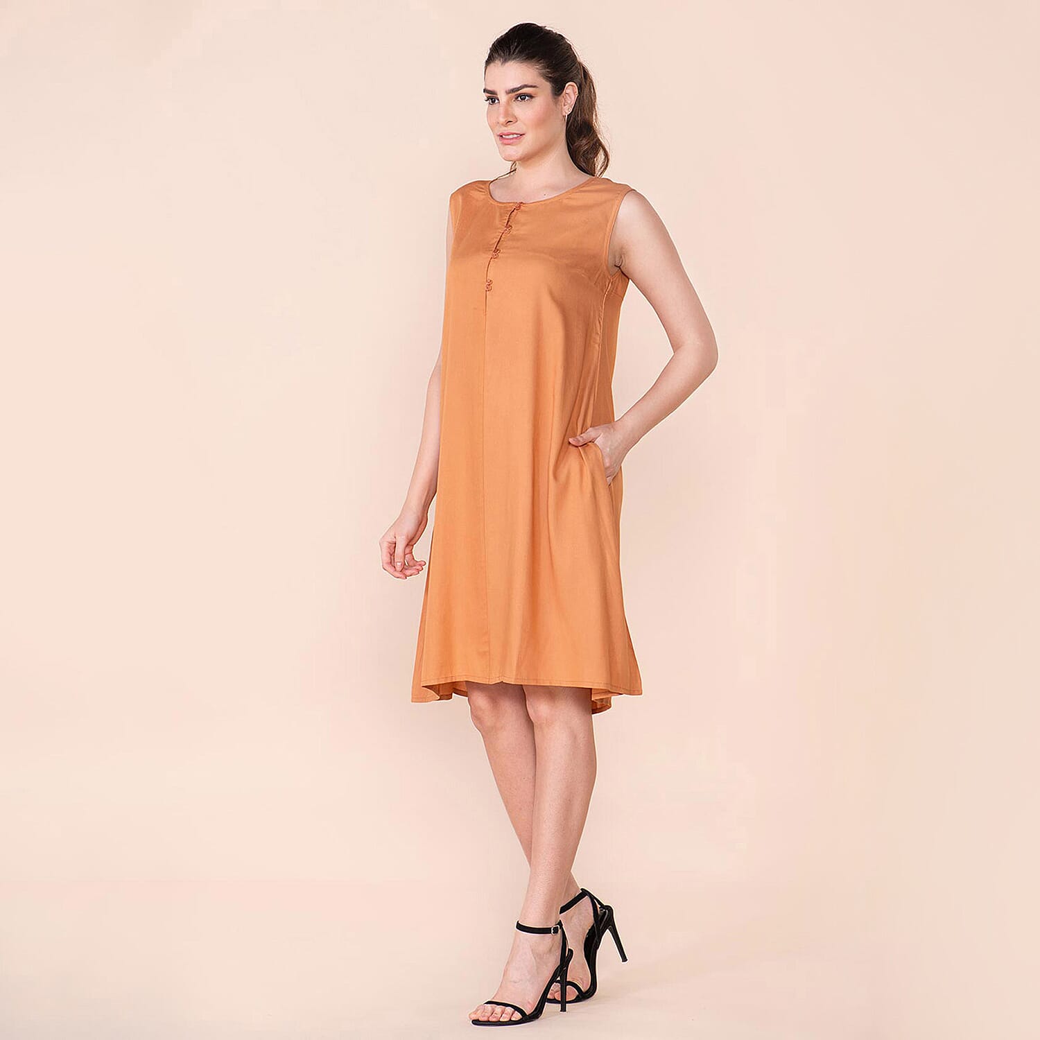 TAMSY 100% Viscose Plain Sleeveless Dress (Size 24) - Orange