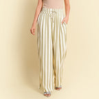 TAMSY 100% Stripe Pattern Palazzo (Size M) - Olive Green & Off White