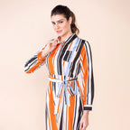 TAMSY Stripe Pattern Crepe Shirt (Size 8) - Black & Brown