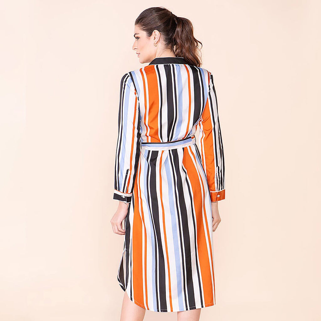 TAMSY Stripe Pattern Crepe Shirt (Size 8) - Black & Brown