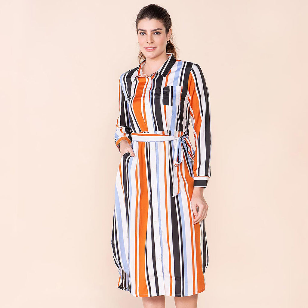 TAMSY Stripe Pattern Crepe Shirt (Size 8) - Black & Brown