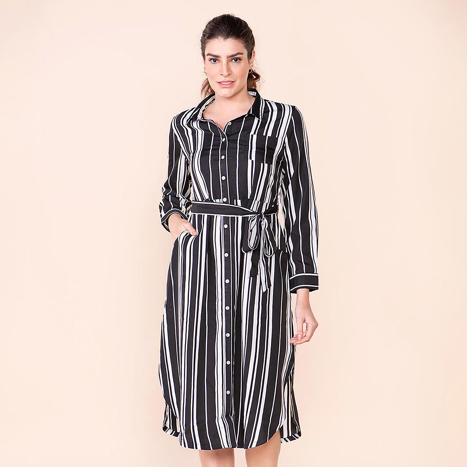 TAMSY Stripe Pattern Crepe Shirt (Size 24) - Black & White