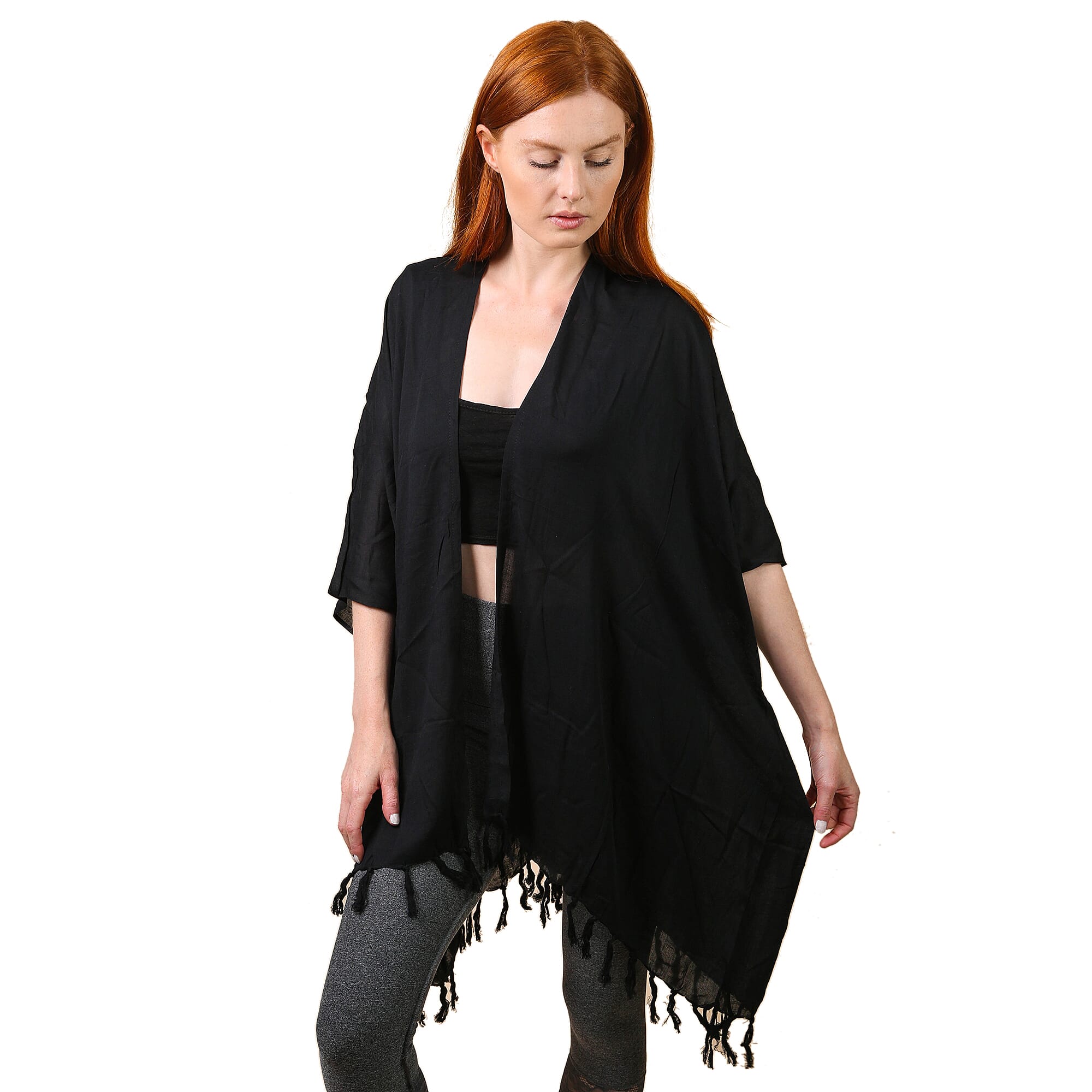 TAMSY Tassel Detailing Womens Kimono (One Size) - Black