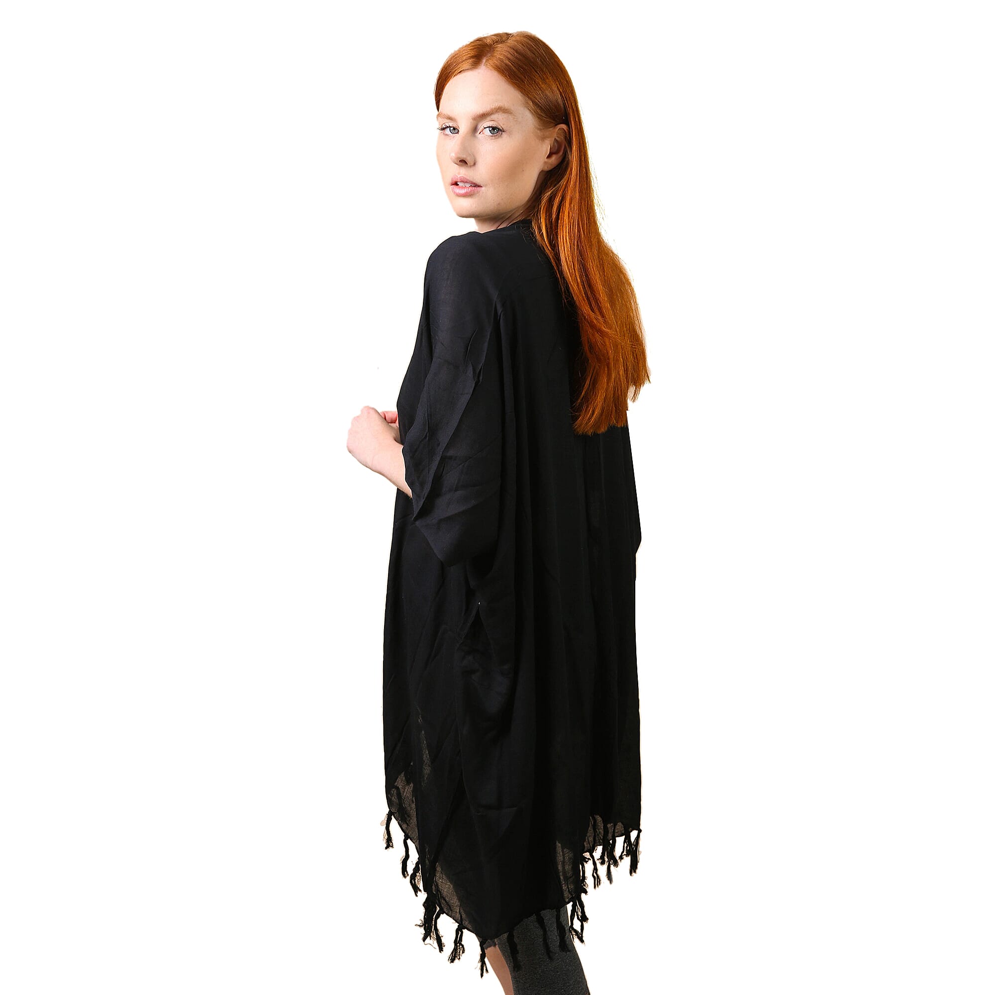TAMSY Tassel Detailing Womens Kimono (One Size) - Black