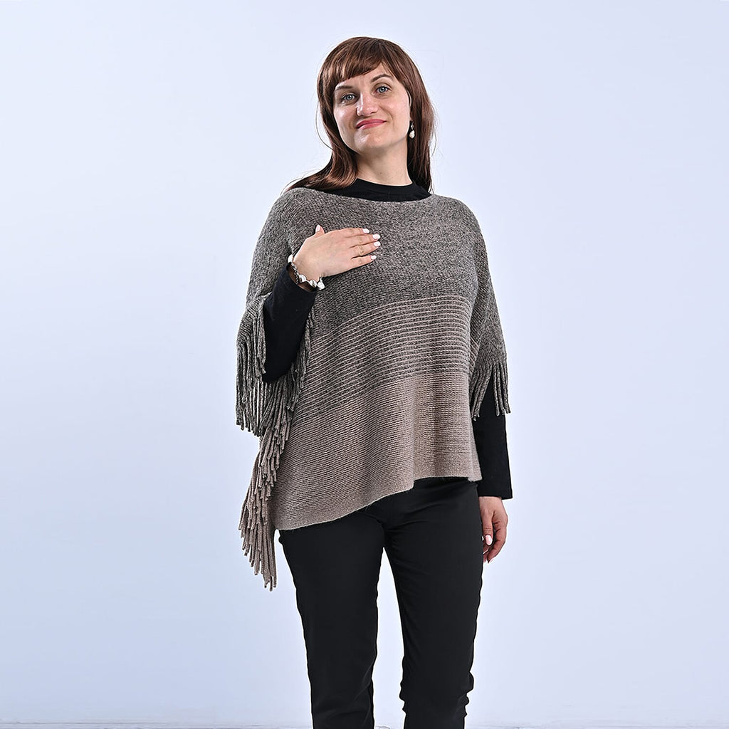 TAMSY Knitted Poncho with Tassel - Beige - Gold