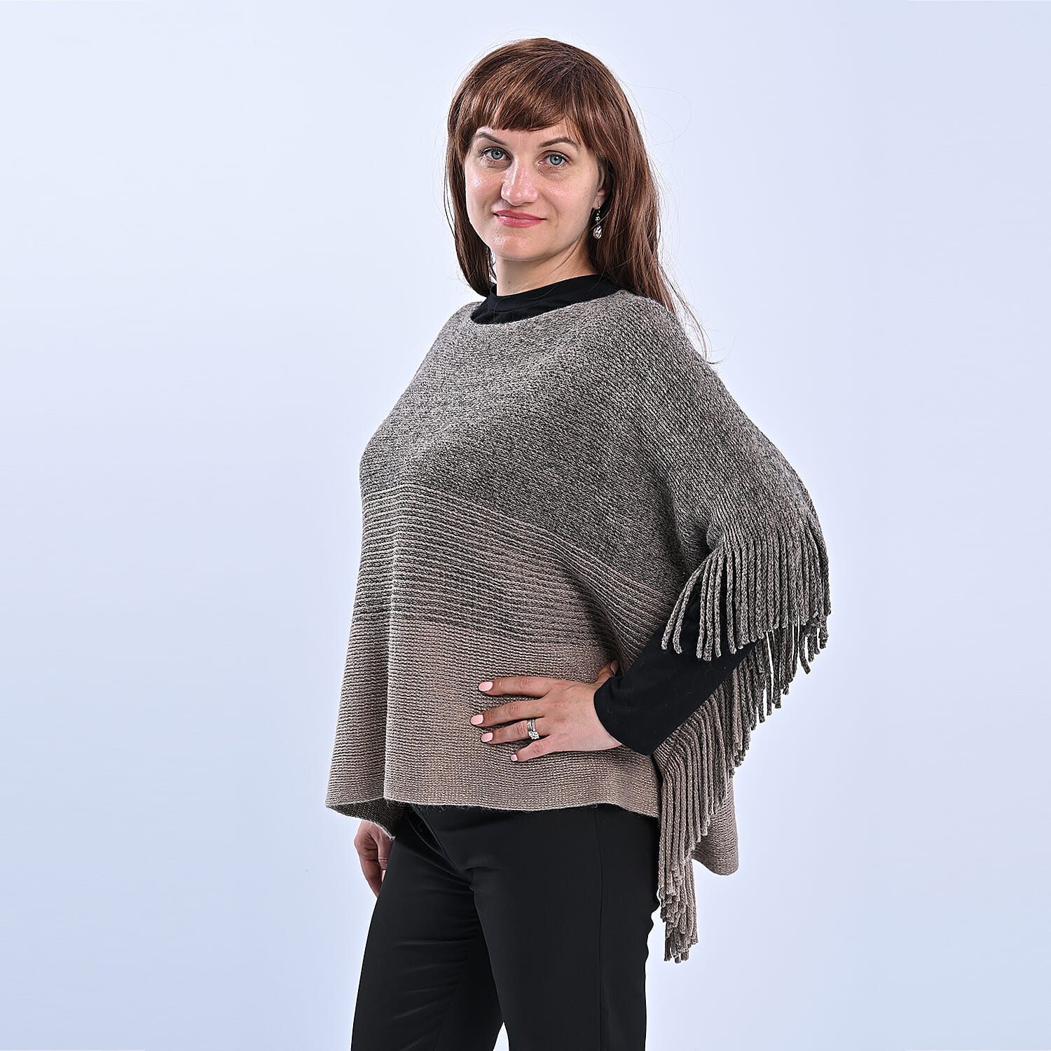 TAMSY Knitted Poncho with Tassel - Beige - Gold