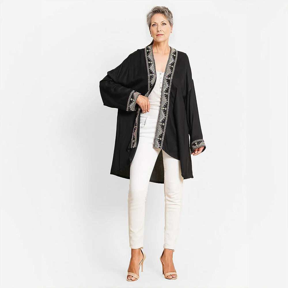 TAMSY 100% Viscose Twill Short Kimono (One Size, 8-18) - Black