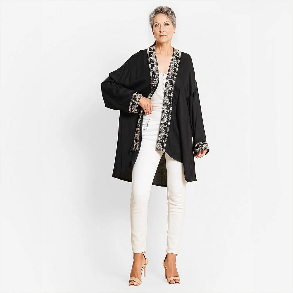 TAMSY 100% Viscose Twill Short Kimono (One Size, 8-18) - Black