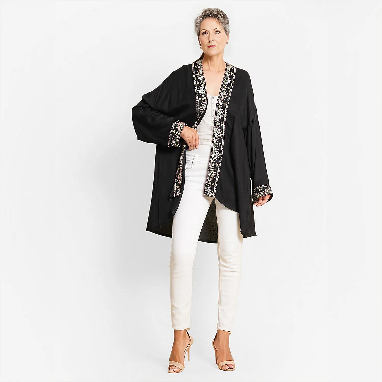 TAMSY 100% Viscose Twill Short Kimono (One Size, 8-18) - Black