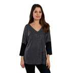 V Neck Quarter Sleeves Sequin Top (Size S) - Black