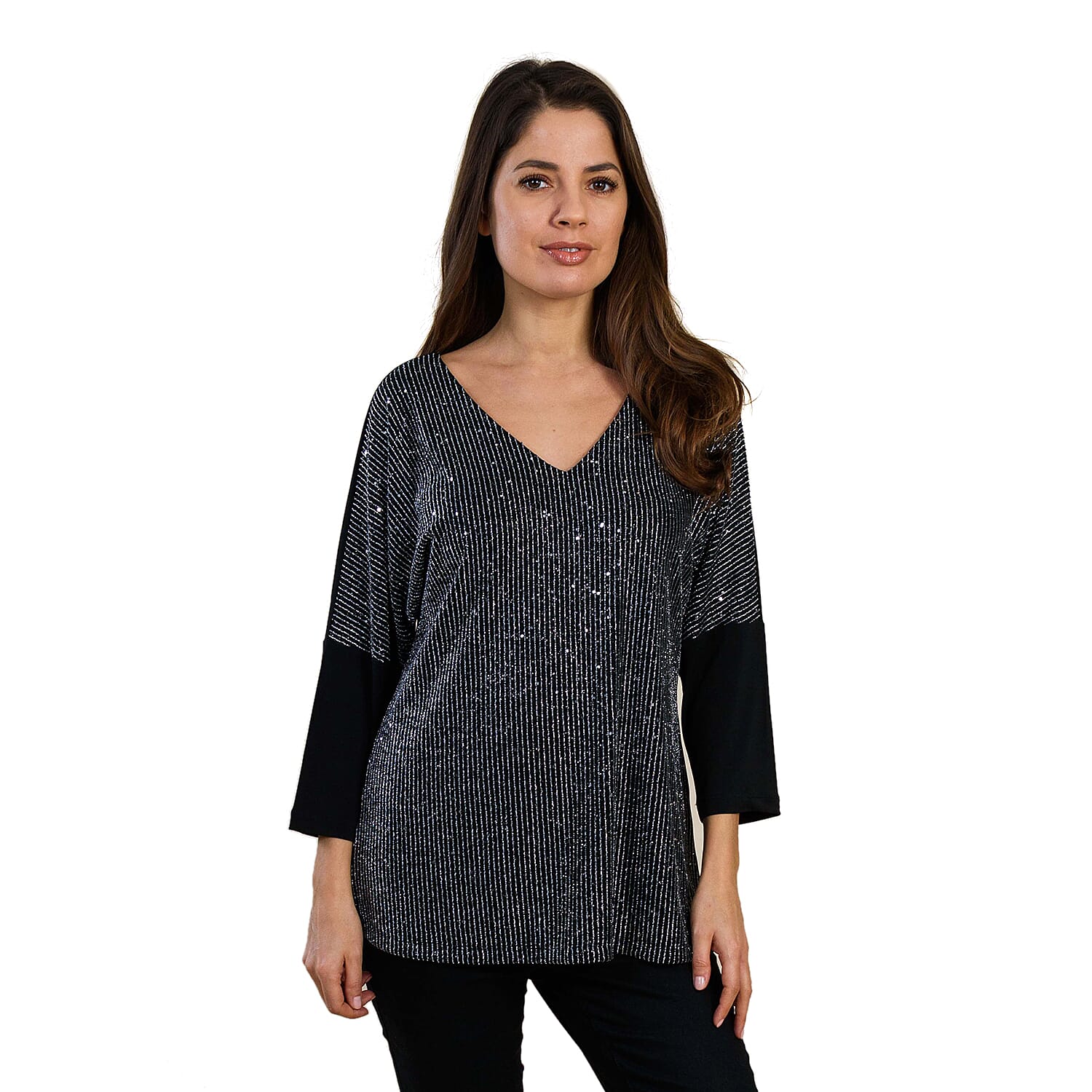 V Neck Quarter Sleeves Sequin Top (Size S) - Black