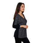 V Neck Quarter Sleeves Sequin Top (Size S) - Black