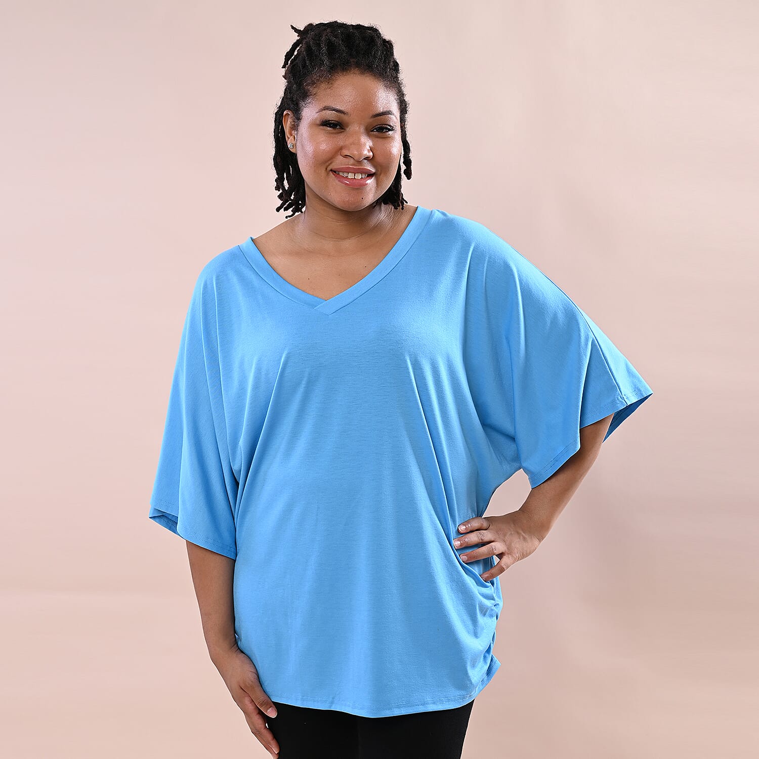 TAMSY V-Neck Knitted Drape Top (Size 10-18) - Blue