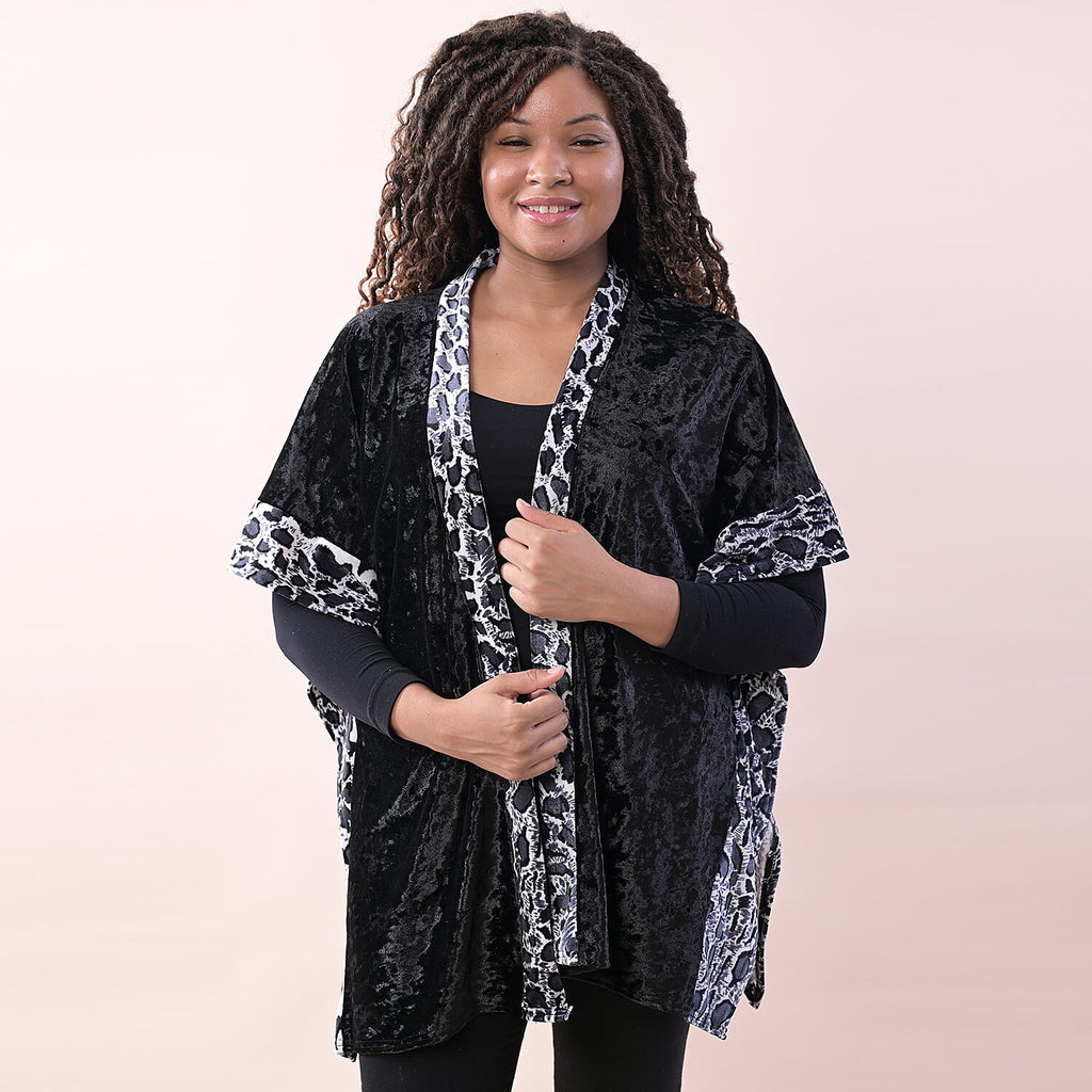 TAMSY Velvet Kimono with Leopard Print Border (Size 70x75 Cm) - Black - Grey