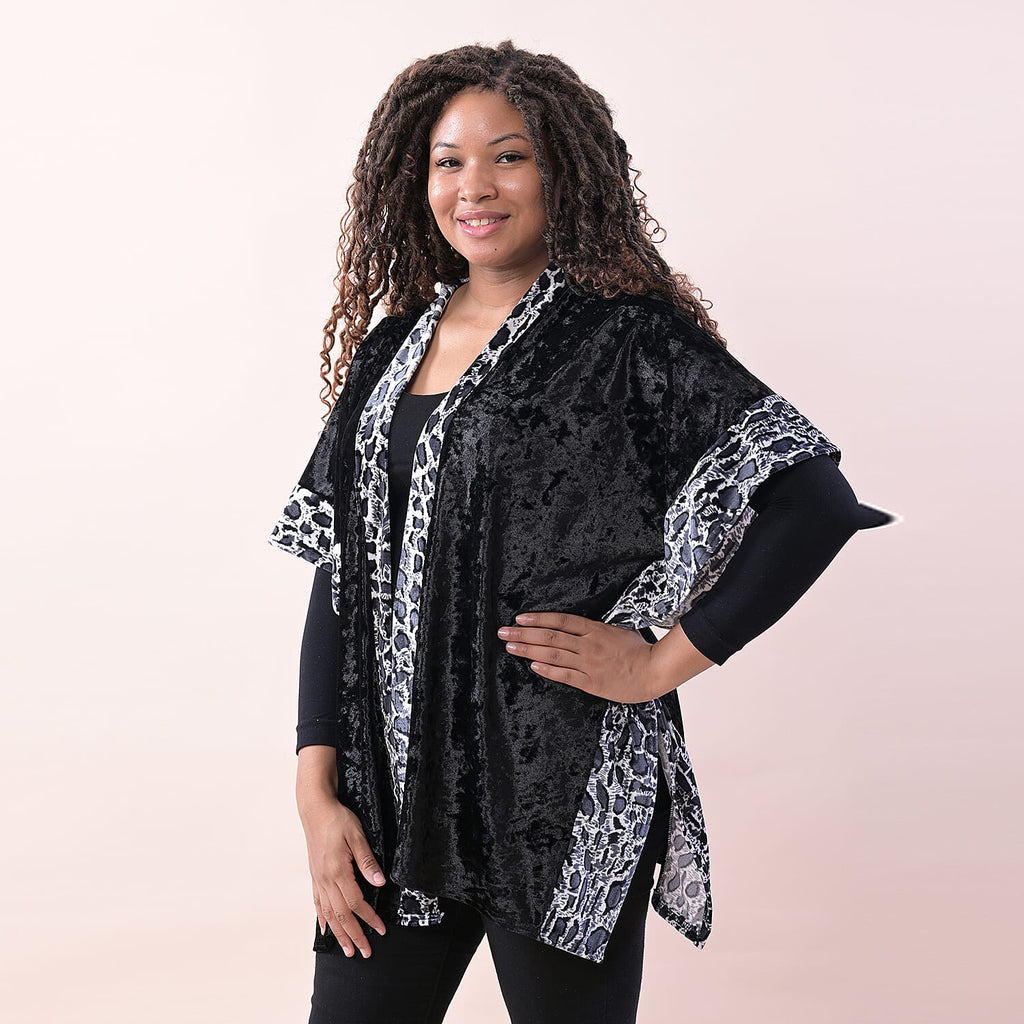 TAMSY Velvet Kimono with Leopard Print Border (Size 70x75 Cm) - Black - Grey
