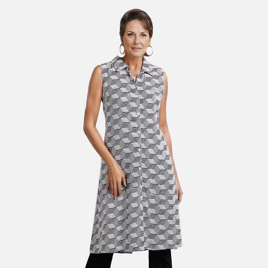 TAMSY 100% Viscose Diamond Pattern Long Length Sleeveless Top (Size-12) - Black & White