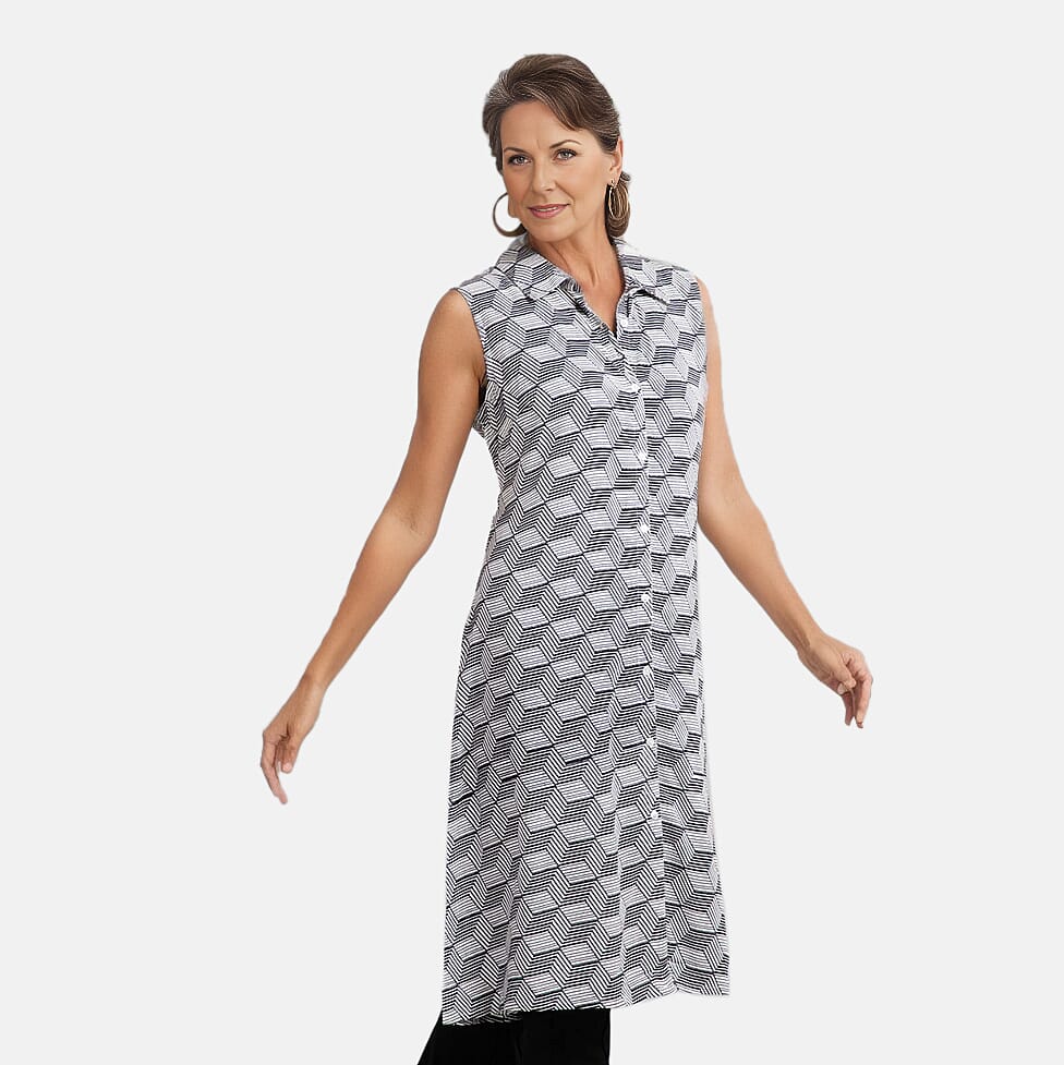TAMSY 100% Viscose Diamond Pattern Long Length Sleeveless Top (Size-12) - Black & White