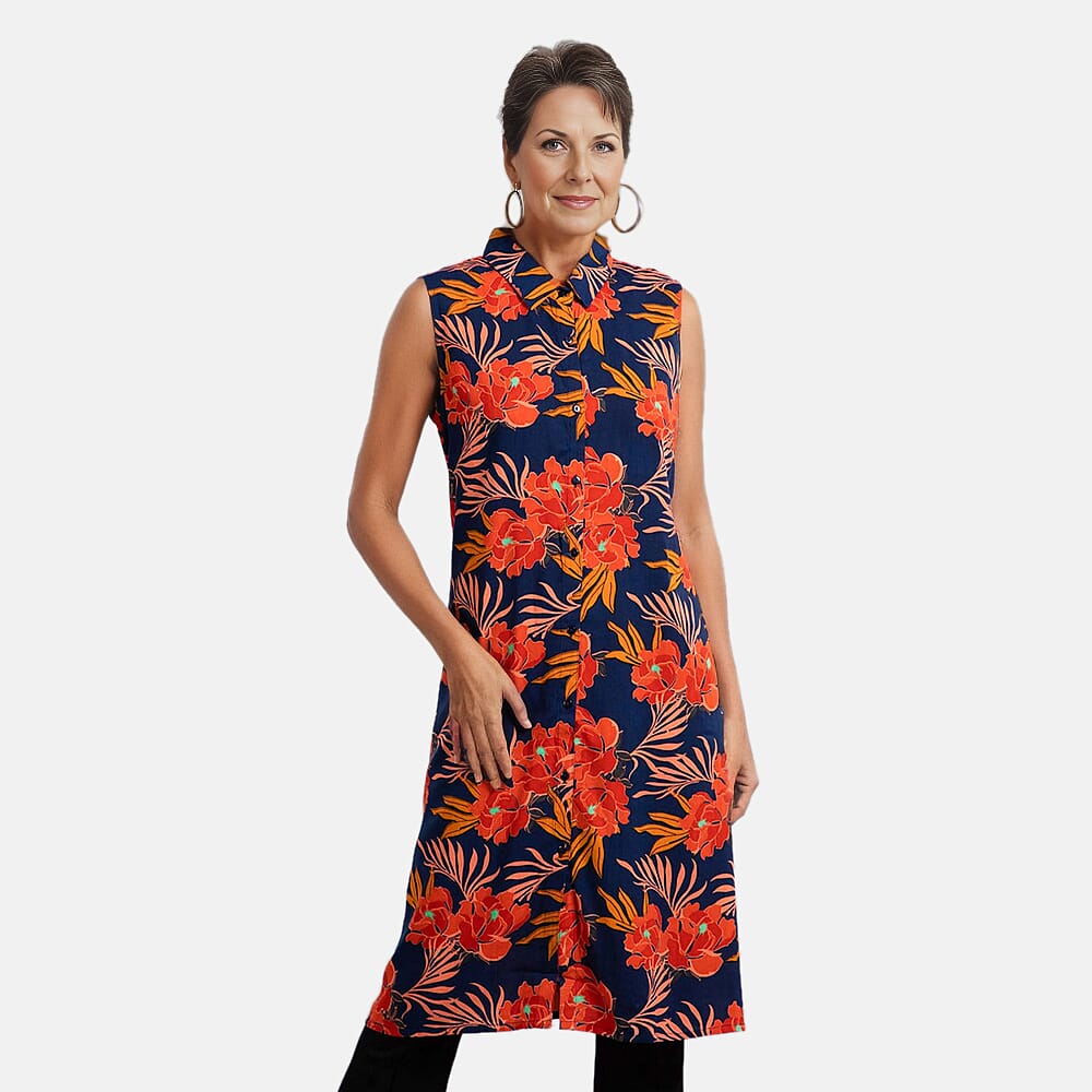 TAMSY 100% Viscose Floral Pattern Long Length Sleeveless Top (Size-12) - Red and Navy