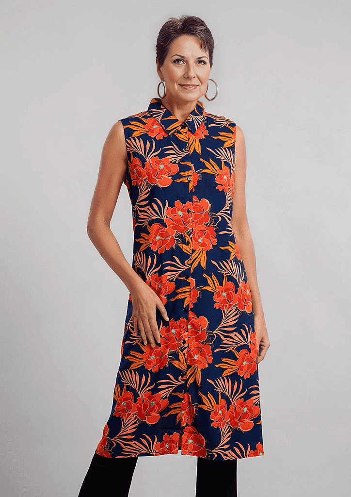 TAMSY 100% Viscose Floral Pattern Long Length Sleeveless Top (Size-12) - Red and Navy