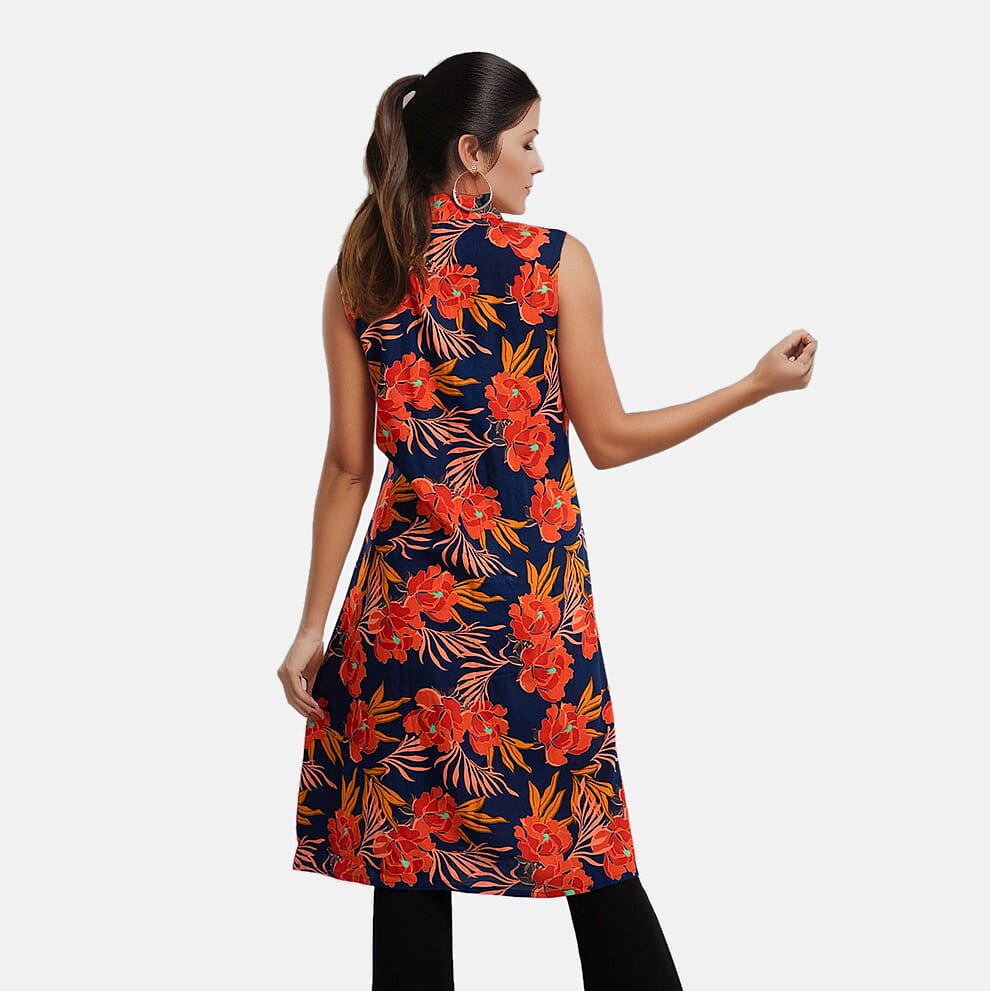 TAMSY 100% Viscose Floral Pattern Long Length Sleeveless Top (Size-12) - Red and Navy