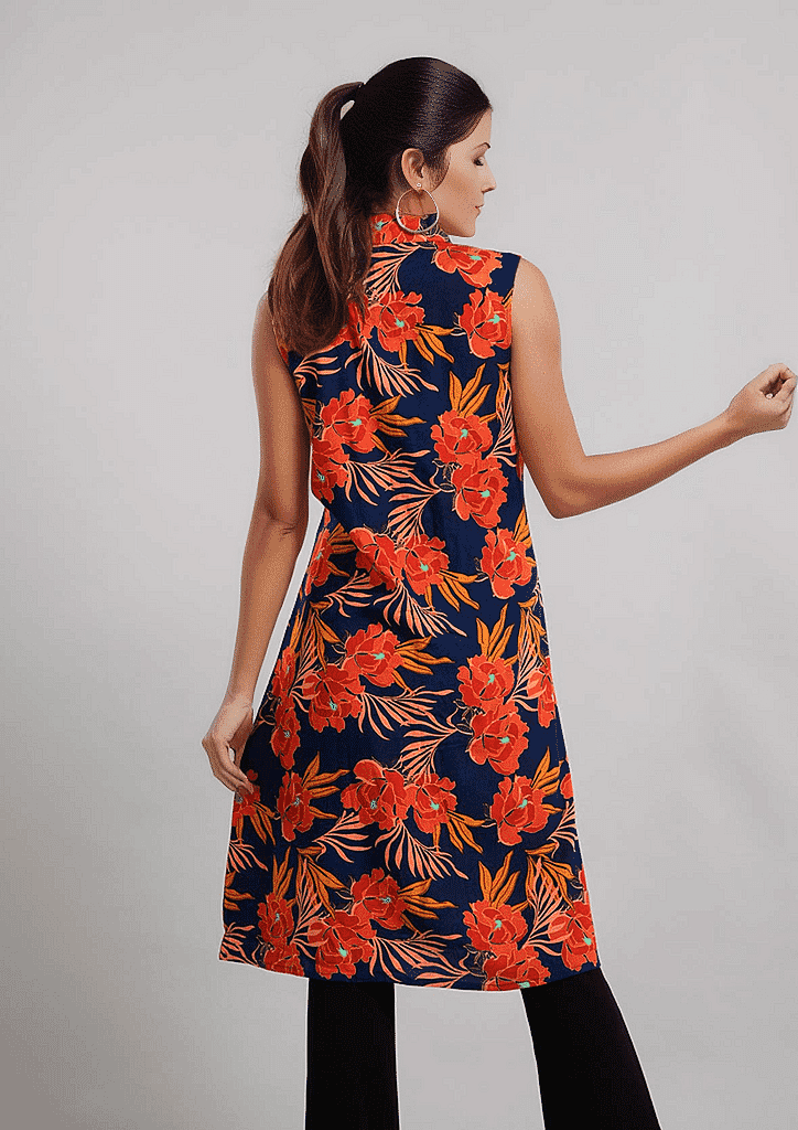 TAMSY 100% Viscose Floral Pattern Long Length Sleeveless Top (Size-12) - Red and Navy