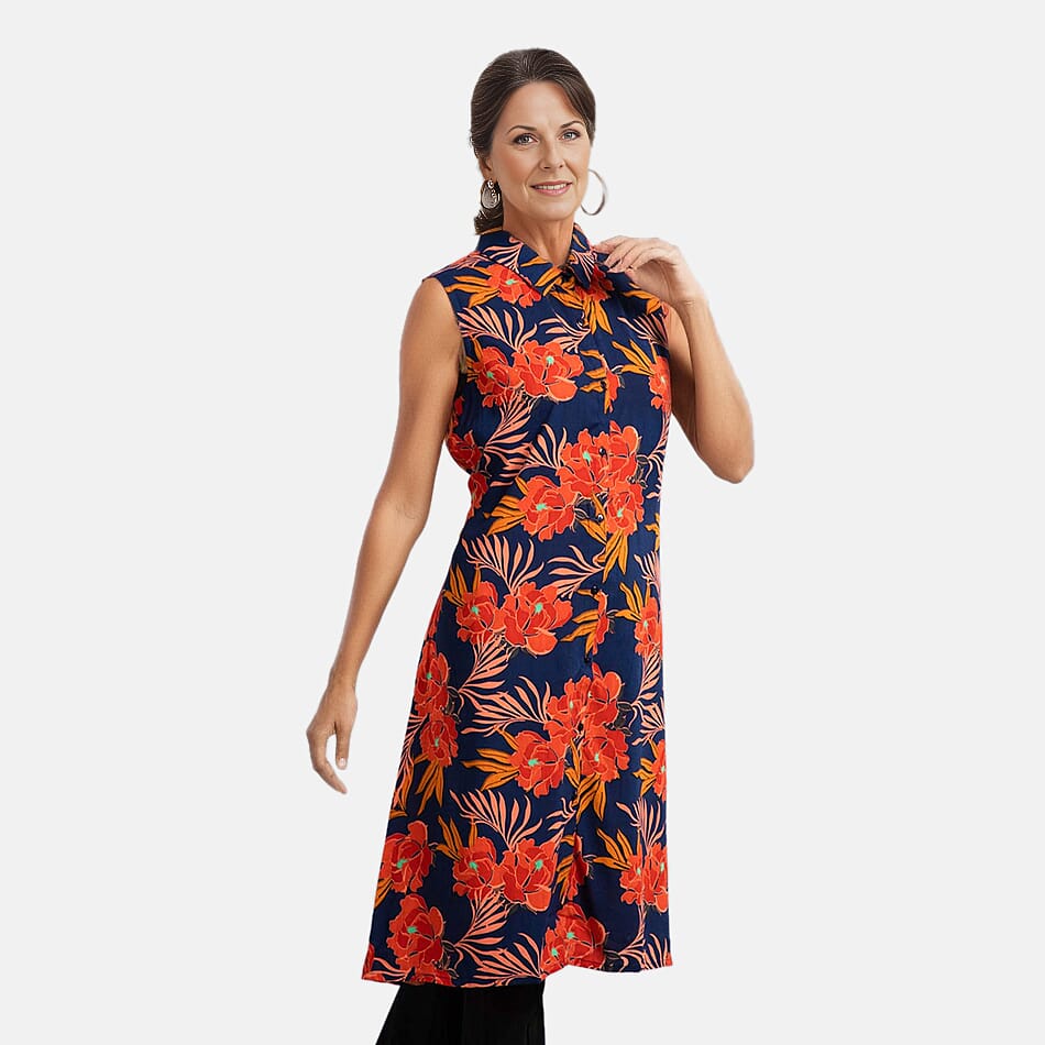 TAMSY 100% Viscose Floral Pattern Long Length Sleeveless Top (Size-12) - Red and Navy