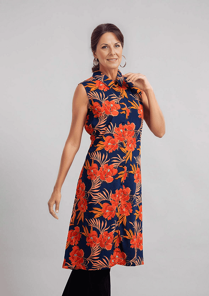 TAMSY 100% Viscose Floral Pattern Long Length Sleeveless Top (Size-12) - Red and Navy