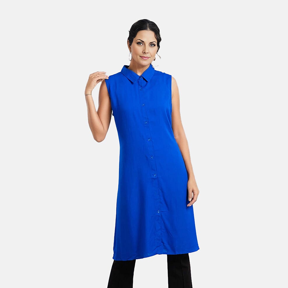 TAMSY 100% Viscose Long Length Sleeveless Top (Size-14) - Blue